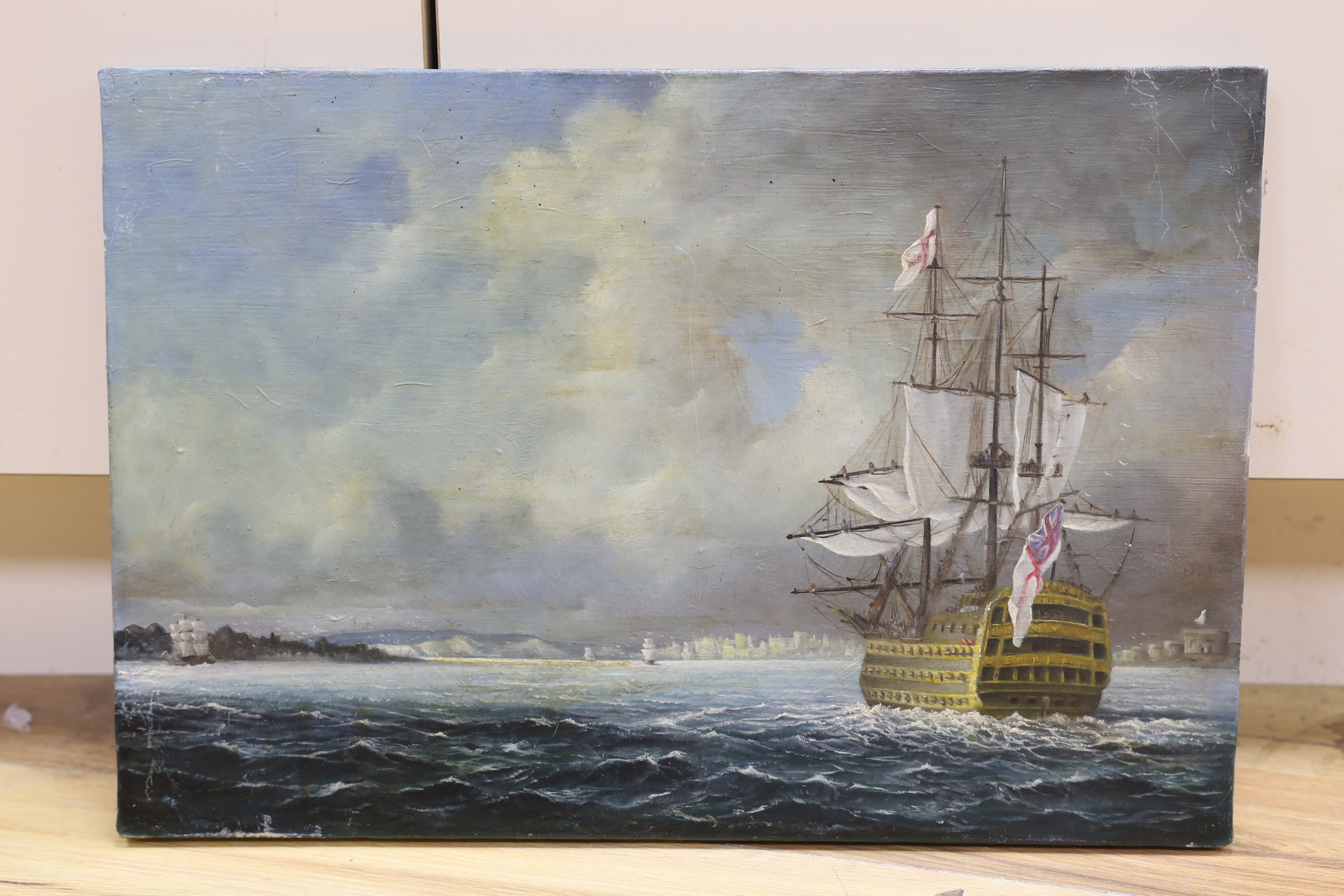 Maritime interest, oil on canvas, British Naval ship at sea, stamp verso, 48 x 33cm, unframed